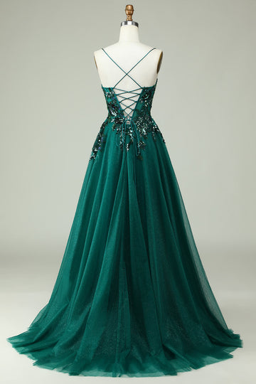 A Line Spaghetti Straps Dark Green Corset Formal Dress with Appliques
